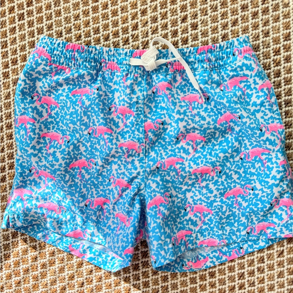 chubbies Bright Blue Swim Trunks with Pink Flamingo Pattern